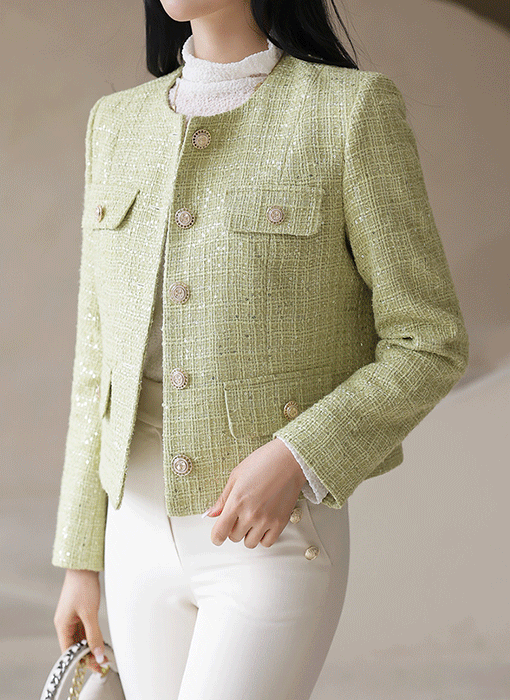 [LouisAngel] スパンコール付きノーカラーツイードジャケット jk32966