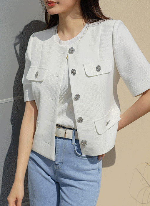 [LouisAngel] リネンライクノーカラー半袖ジャケット jk34688