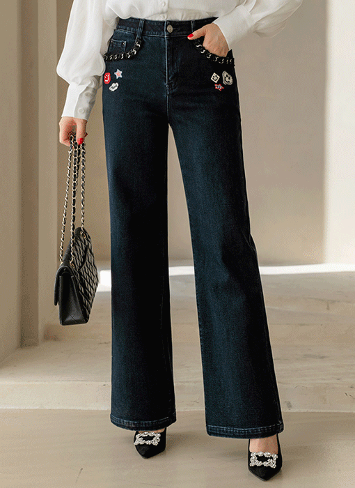 裏起毛ワッペンチェーンポケット デニムフレアパンツ pt44020