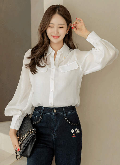 ゴールドチャーム付き バルーンスリーブ シアーブラウス bl44059