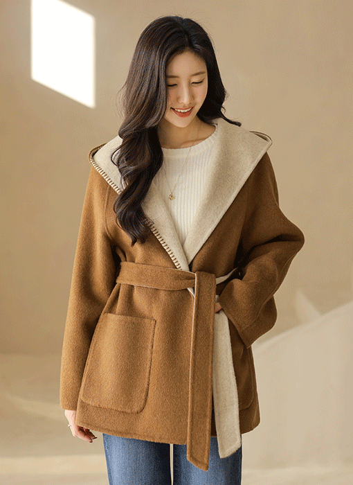 ステッチディテール フード付き バイカラー ウールハンドメイドコート ct44089