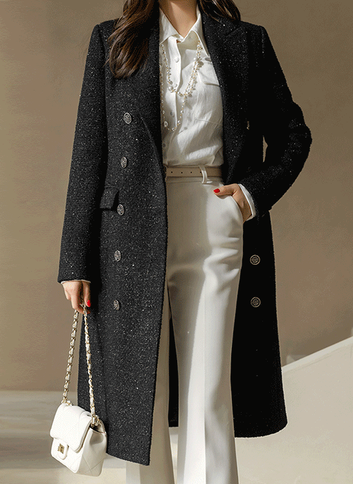 ベルト付き ウールブレンド ラメツイード ロングコートct44161