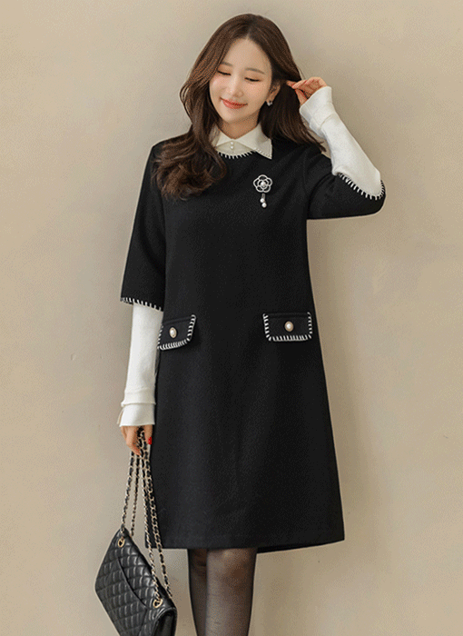 ステッチポイント ウールブレンド 7分袖チュニックワンピース op44200