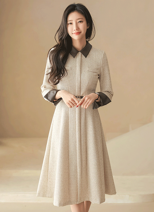 ベルト付き ウールブレンド バイカラーツイードフレアワンピース op44236