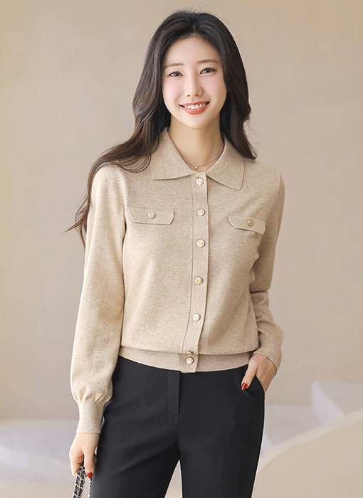 ゴールドボタン 襟付きニットカーディガン cd44260