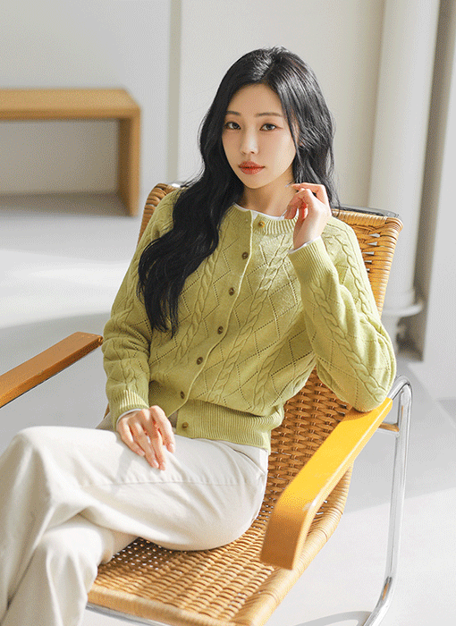 [THE ONME] ダイヤパンチング 変形ケーブル ニットカーディガン cd44302