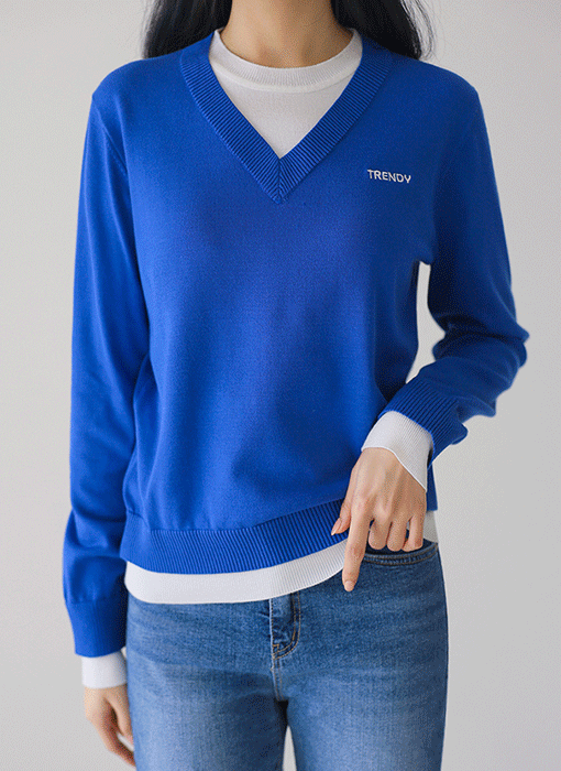 [THE ONME] レイヤード風 バイカラー Ｖネックニットプルオーバー nt44338