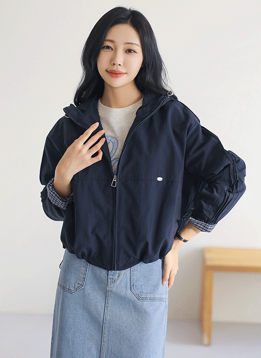 [THE ONME] 袖チェックシャツドッキング ジップアップパーカー jp44347