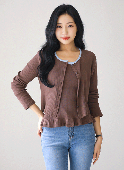 【2点特価】[THE ONME] バイカラー 裾フリルキャミソール＆カーディガンセットアップ SET44401