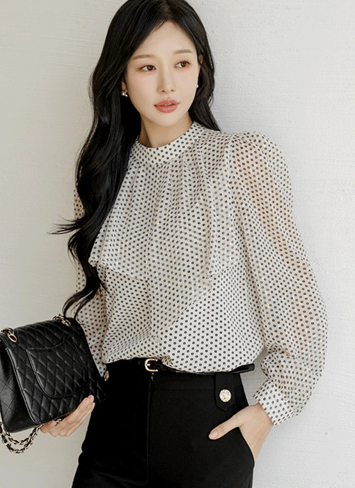 [LouisAngel] ドット柄 ラメジャガードシフォン アシメラッフル ブラウス bl44410