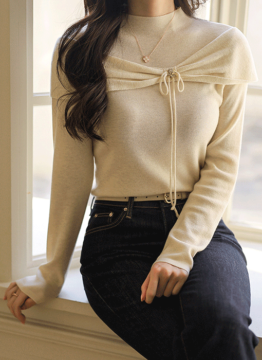 フェイクショール付き モックネック ニットプルオーバー nt44434