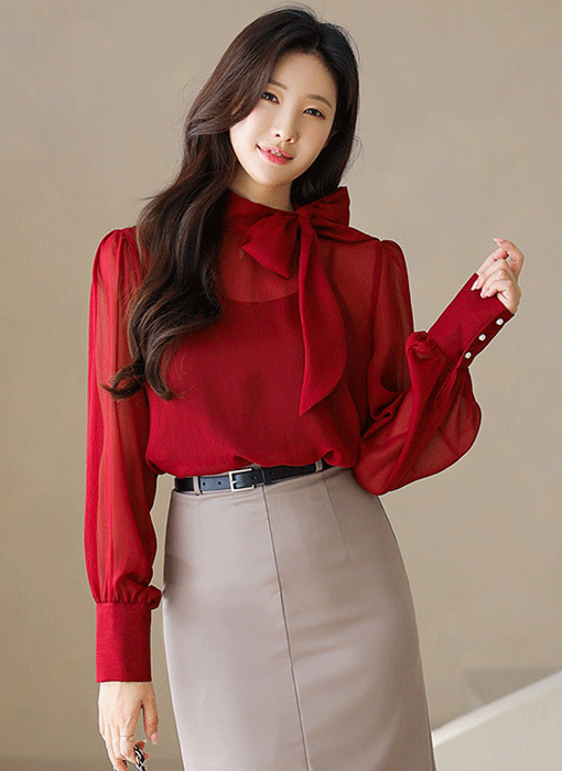 【3色展開】リボンタイネック楊柳シフォンブラウス bl41716