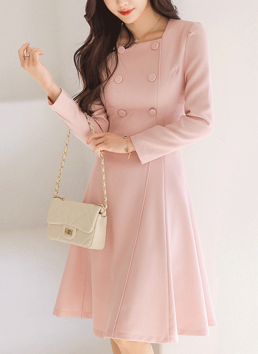 スクエアネック ダブルボタン フレアワンピース op44458