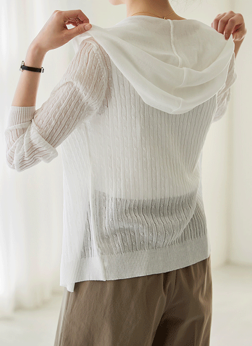 【4色展開】フード付きケーブル編みシアーニットカーディガン cd24875