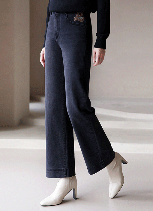 レザーパッチワーク ウエストゴム ワイドデニムパンツ pt42814