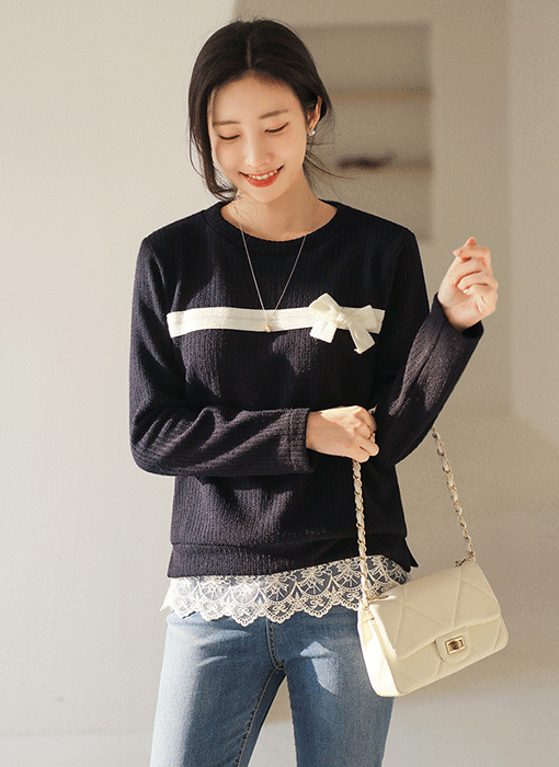 裾スカラップレースドッキング リボンポイント ニットプルオーバー nt44494