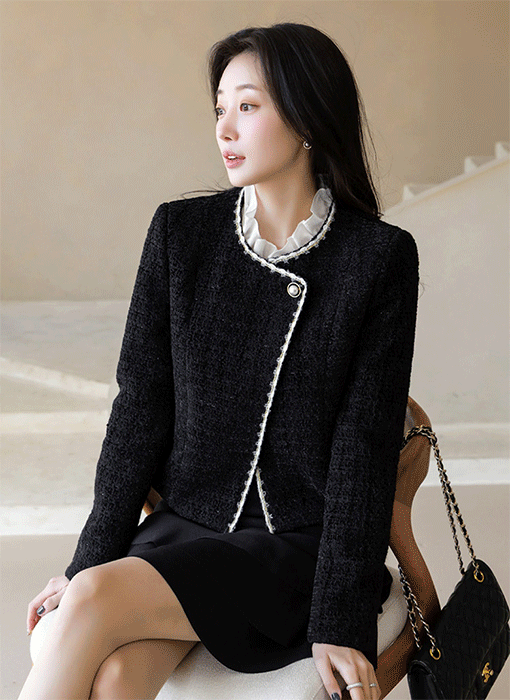 [LouisAngel] ウールブレンド 配色ライン アシメツイードジャケット jk44497