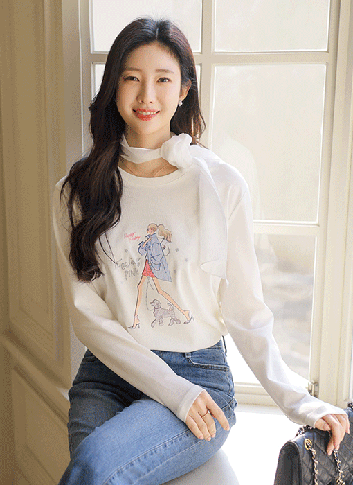 [LouisAngel] ラインストーン付き ガールプリントTシャツts44533