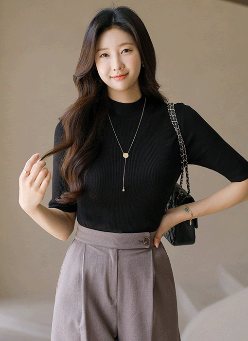 【4色展開】ハイネック半袖リブニット nt41674