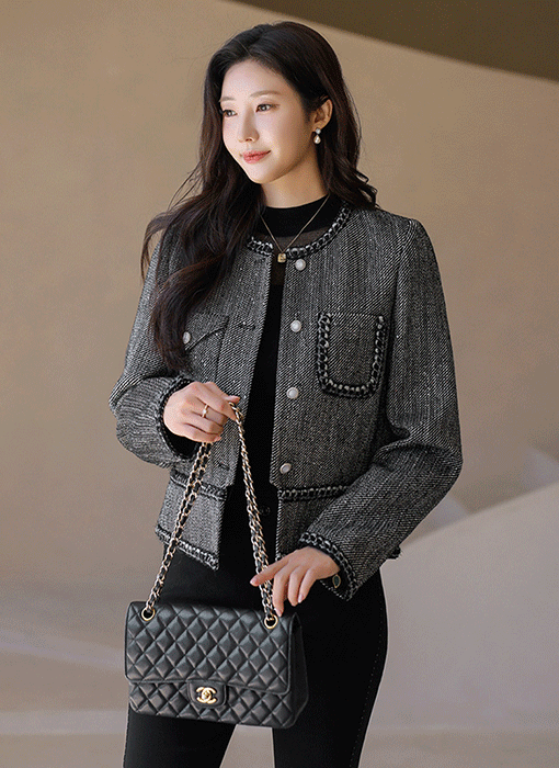 ウールブレンド チェーントリム スパンコール付 きツイードジャケット jk42214