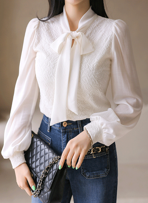 [LouisAngel] 異素材ドッキングフラワージャガードリボンタイブラウス bl42469