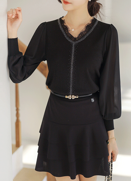 ホットフィックス付き レースＶネック シアースリーブドッキングプルオーバー nt44569