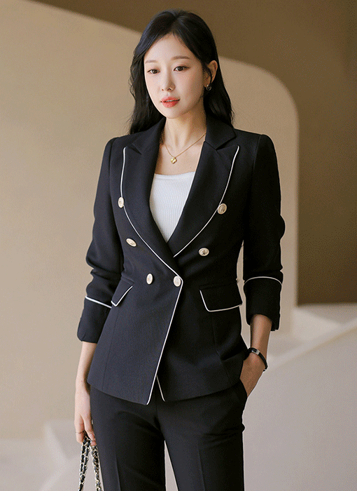 スカーフSET バイカラーライン スリムダブルボタンジャケット jk44587