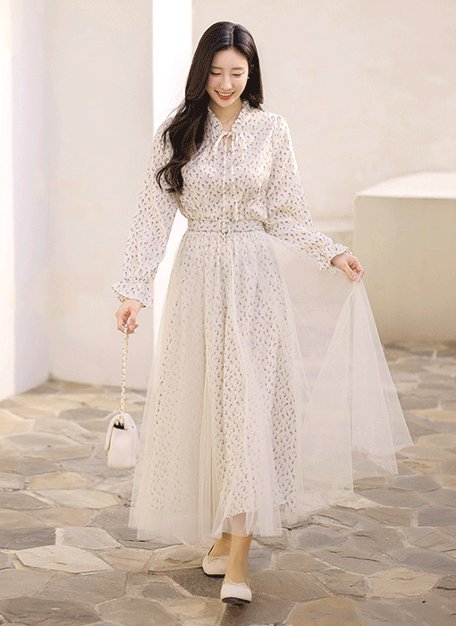 【企画特価】チュールレースドッキング フラワー ロングワンピース op44614