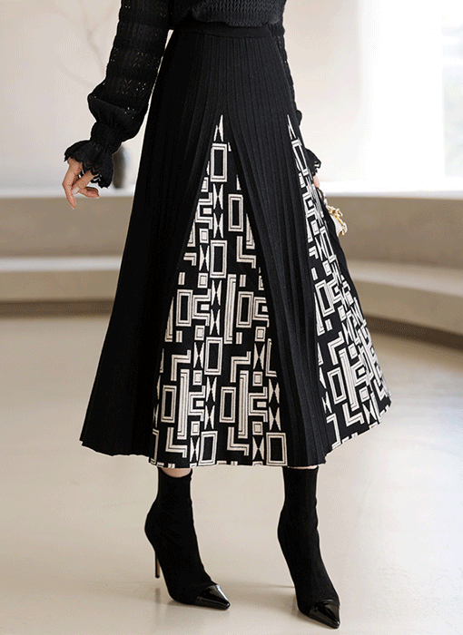 幾何柄切り替えプリーツニットスカート sk20454