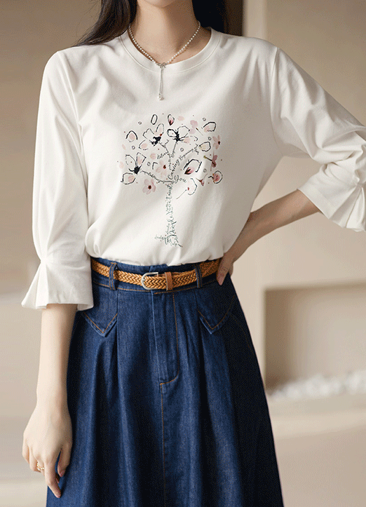 [LouisAngel] フラワーツリープリント 袖タックスリーブＴシャツ ts32978