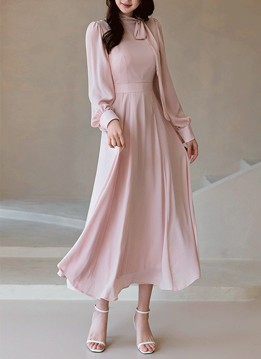 サイドリボン楊柳シフォンフレアロングワンピース op39012