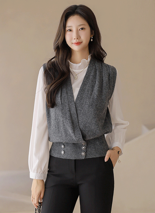 ウールブレンドウエストボタンシャーリングニットベスト vt42070