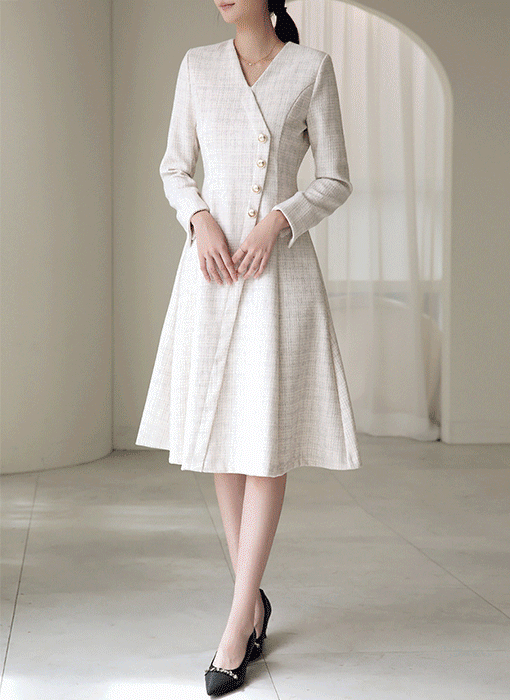 ラップデザインゴールドボタンツイードフレアワンピース op42181