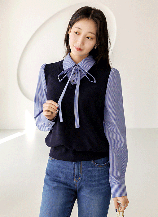 [LouisAngel] レイヤード風 リボンタイ付き ストライプブラウス bl44647