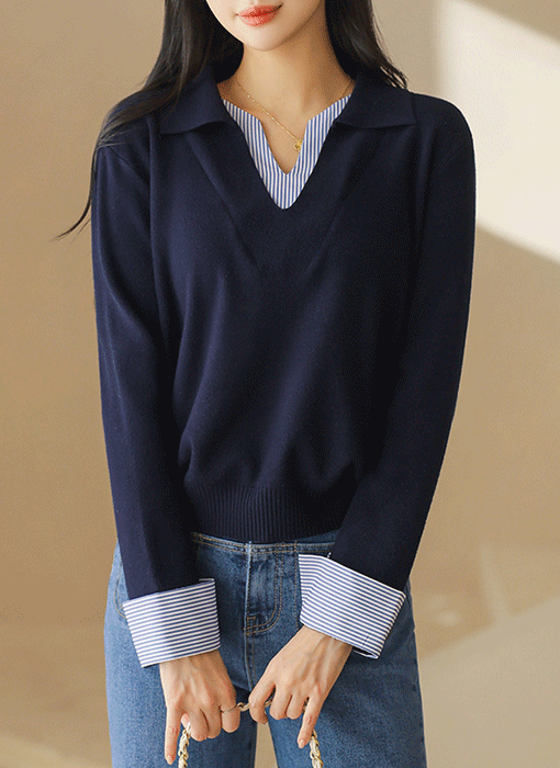 ストライプシャツドッキング オープンカラーニットプルオーバー nt44668