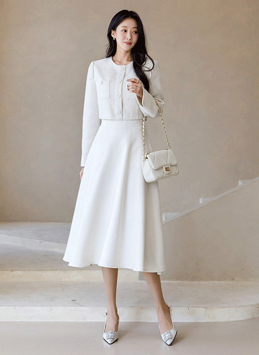 レイヤード風 ハイウエスト ツイード配色 フレアワンピース op44677