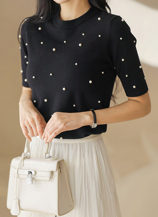 パール付き半袖ニットプルオーバー nt44683