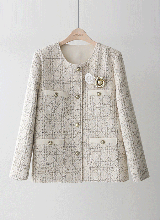 コサージュ付き ノーカラー ダイヤ柄 ツイードジャケット jk44686