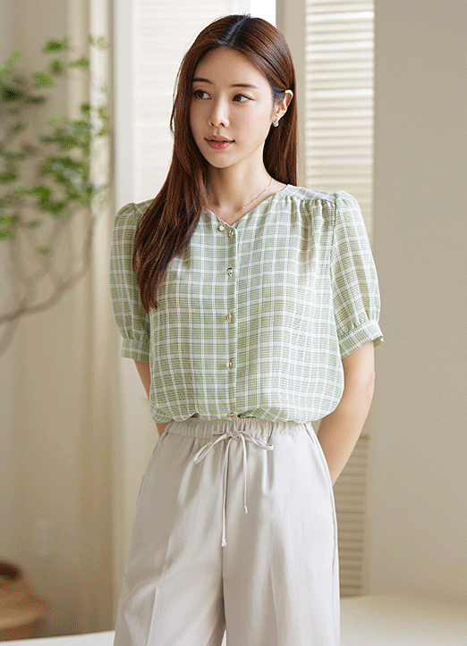 [Louis Angel] Ⅴネックシャーリングシアーチェックブラウス bl26327