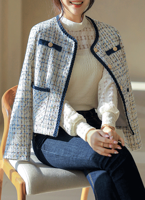 【企画特価】デニムトリム ラメツイードノーカラージャケット jk38913