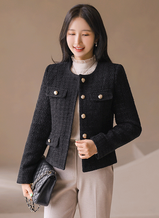 【オータムVer.】[LouisAngel] ウールブレンド ゴールドボタンノーカラーラメツイードジャケットjk42397