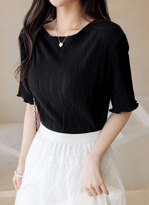 ボートネック 5分袖 メローステッチ プリーツプルオーバー ts44746