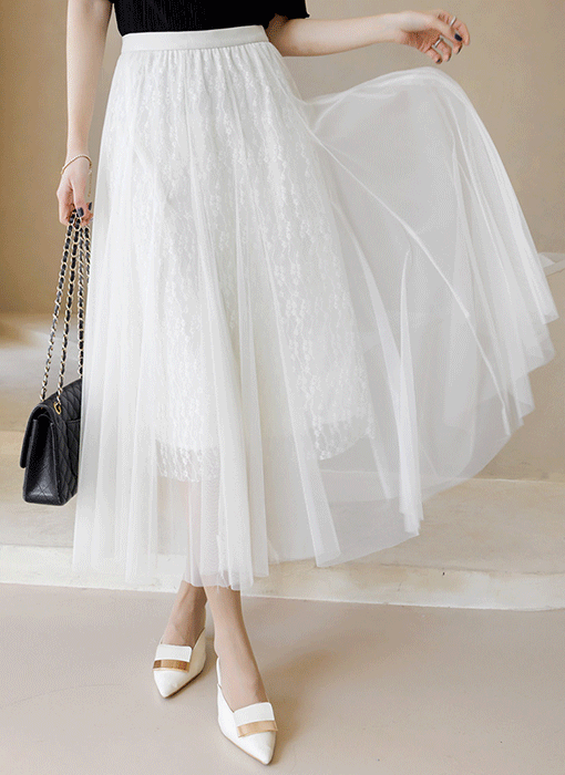 ホットフィックス付きフラワー チュールレーススカート sk44764