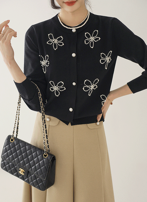 パール付き フラワーモチーフ ニットカーディガン cd44482