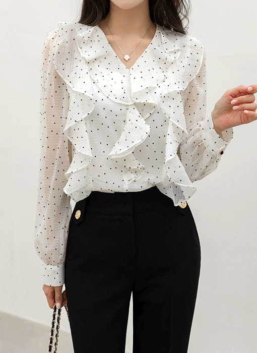[LouisAngel] スカーフ付き ドットシアーラッフルフリルブラウス bl44809