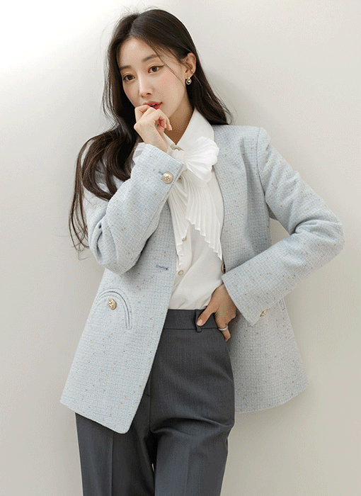 ノーカラーＶネックラメツイードジャケット jk44815