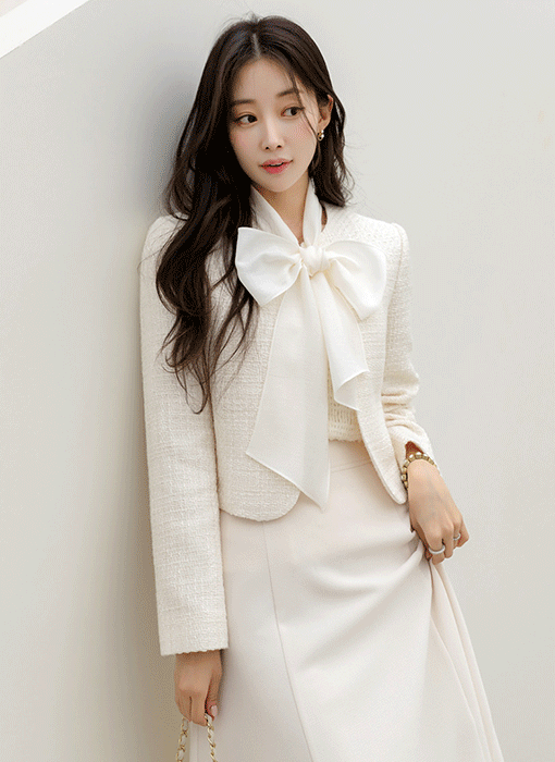 [LouisAngel] スカーフ付き ラウンドヘム ノーカラーラメツイードジャケット jk44839