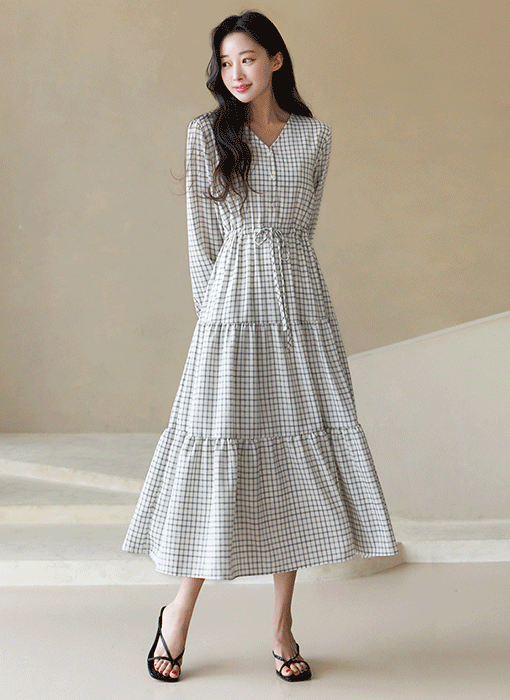 【企画特価】[Theonme] ウエストリボン Ｖネックチェックティアード ロングワンピース op44851