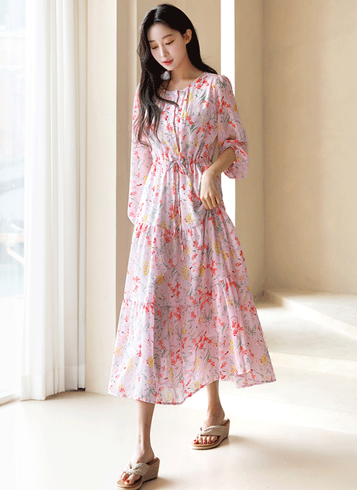 【企画特価】[THE ONME] ウエストリボン フラワー ティアード ロングフレアワンピース op44854