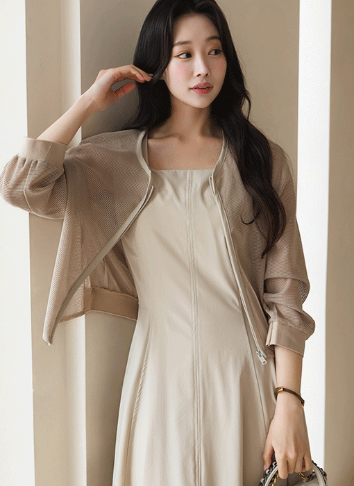 [Theonme] 그린드 메쉬 망사 밑단 시보리 밴딩 집업 자켓